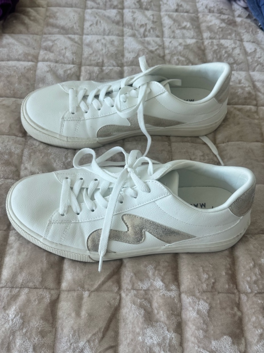 Women's White Lace-Up Sneakers with Metallic Rose Gold Accent